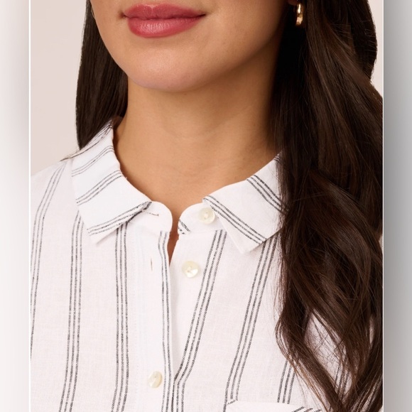 ADRIANNA PAPELL Button Up LINEN SHIRT LONG SLEEVES IN WHITE and GREY stripes - Picture 3 of 11